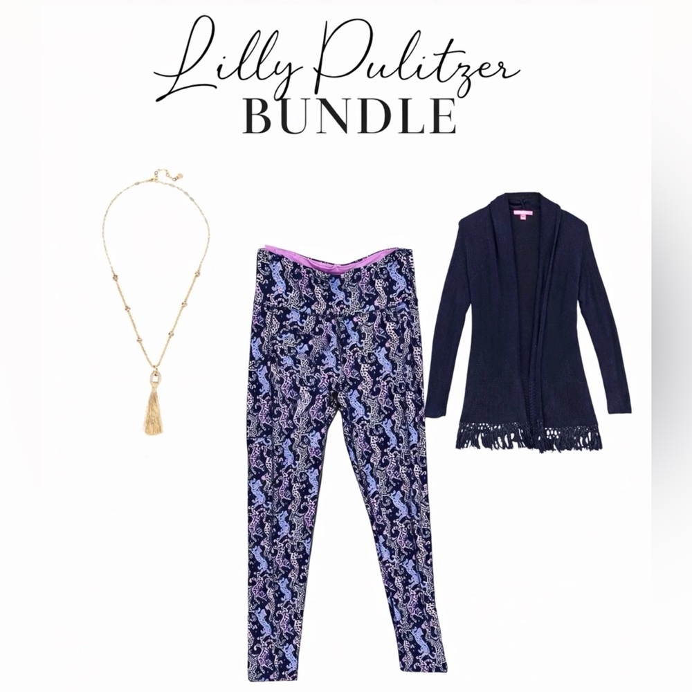 Lilly Pulitzer 3Pc Set M Navy Cardigan + On The Catwalk Leggings + Gold Necklace